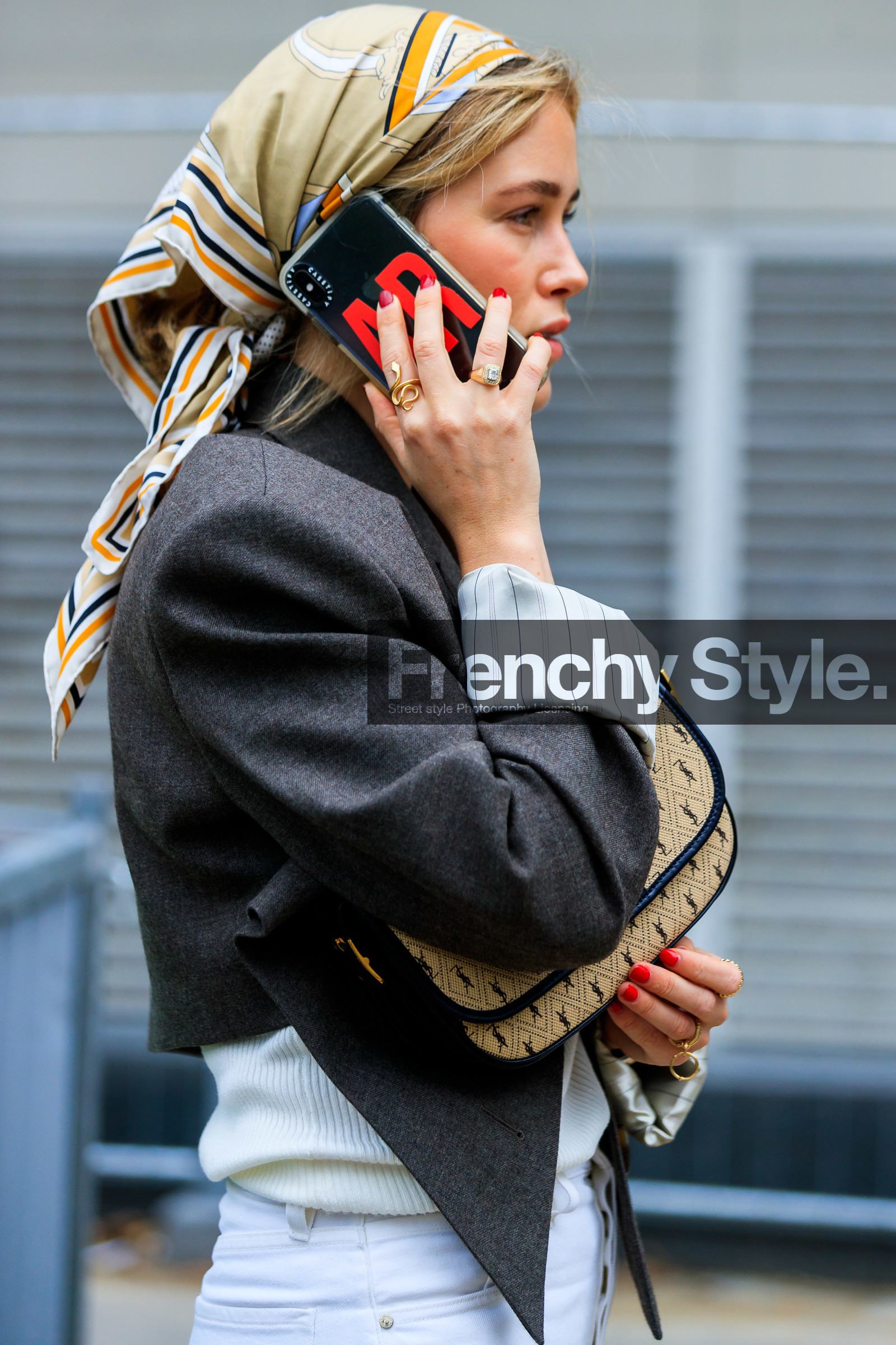 Annabel Rosendahl, hair scarf, beige scarf, printed scarf, striped scarf, iphone, silk scarf, dark grey jacket, cropped jacket, saint laurent bag, white bag, monogrammed bag, diamond ring, golden rings, animal shape ring, close up detail, fashion week, frenchystyle, FW, jonathan paciullo, street style, SPRING SUMMER 2020, SS 20, PFW, PARIS, vertical, atmosphere details, detail