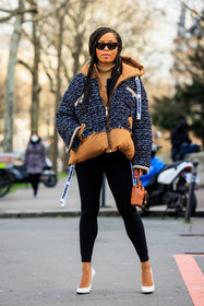 braided hair, long braids, black sunglasses, puffed jacket, dual toned jacket, tweed jacket, black leggings, white stilettos, heels, brown bag, mini bucket bag, fashion week, frenchystyle, FW, jonathan paciullo, street style, PFW, PARIS, menswear, AUTUMN WINTER 2022-2023, FALL WINTER 2022-2023, FW 22-23, full length, vertical