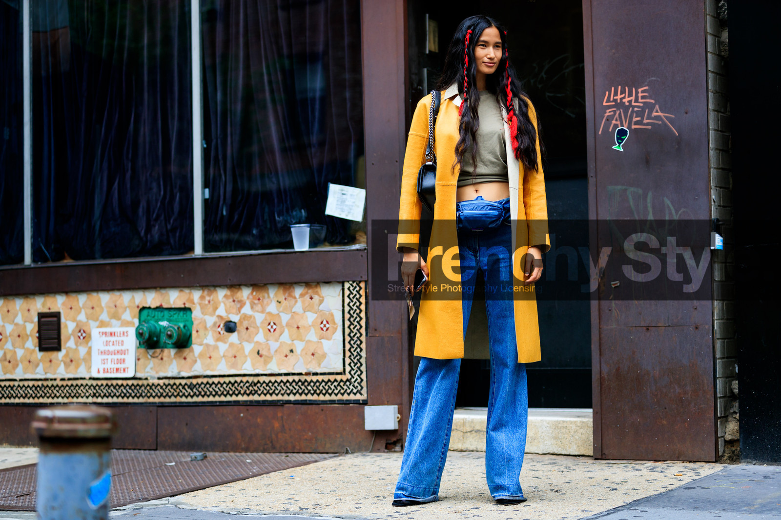 beige top, black bag, blue bag, blue denim, braids, crop top, denim pants, fanny pack, jeans, leather bag, model, patagonia, trousers, varsha thapa, yellow coat, street style, jonathan paciullo, FW, frenchystyle, fashion week, NYFW, NEW YORK, SPRING SUMMER 2019, SS 19, atmosphere details, horizontal, full length