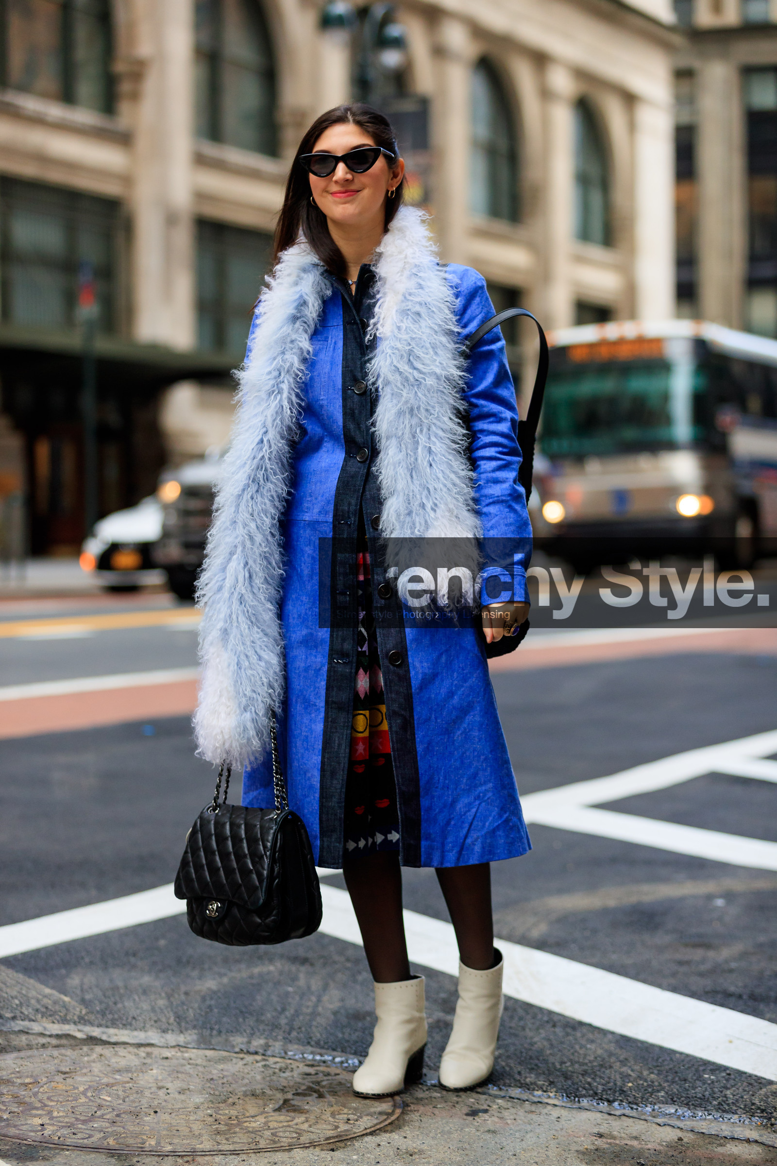 black bag, blue denim, blue scarf, chanel handbag, denim coat, high heels, leather bag, leather shoes, sunglasses, white shoes, street style, jonathan paciullo, FW, frenchystyle, fashion week, NYFW, NEW YORK, AUTUMN WINTER 2018-2019, AW 18-19, FALL WINTER 2018-2019, FW 18-19, vertical, full length