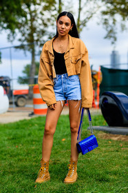 aleali may, beige boots, beige jacket, black top, blue bag, blue denim, boy bag, caterpillar, chanel, denim jacket, denim shorts, fashion week, frenchystyle, full length, FW, jonathan paciullo, leather bag, levi's, levi's strauss, NEW YORK, NYFW, SPRING SUMMER 2017, SS 17, street style, suede shoes, vertical, woman