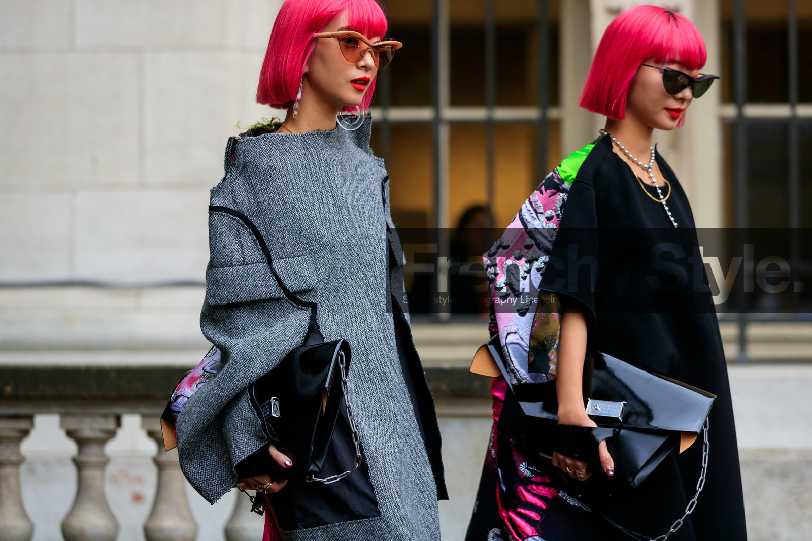 Ami and Aya Suzuki, margiela sunglasses, margiela dress, margiela bag, pink hair, dyed hair, asymmetrical dress, embroidered dress, patchwork dress, pink sunglasses, black sunglasses, butterfly sunglasses, black polish bag, black polish clutch, black leather clutch, margiela look, fashion week, frenchystyle, FW, jonathan paciullo, street style, SPRING SUMMER 2020, SS 20, PFW, PARIS, horizontal, atmosphere details, detail