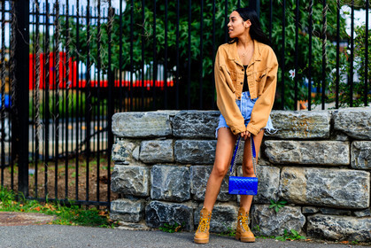 aleali may, atmosphere details, beige boots, beige jacket, black top, blue bag, blue denim, boy bag, caterpillar, chanel, denim jacket, denim shorts, fashion week, frenchystyle, full length, FW, horizontal, jonathan paciullo, leather bag, levi's, levi's strauss, NEW YORK, NYFW, SPRING SUMMER 2017, SS 17, street style, suede shoes, woman
