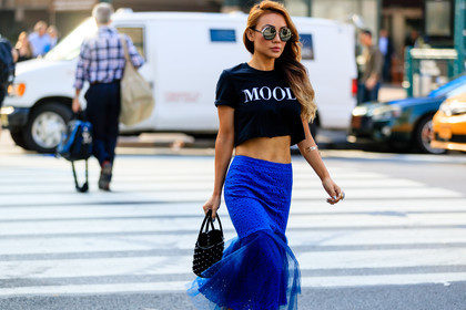 atmosphere details, black bag, black top, blue skirt, crop top, detail, embroidered bag, embroideries, fashion week, frenchystyle, FW, high waist, horizontal, jonathan paciullo, leather bag, message, NEW YORK, NYFW, pearls, SPRING SUMMER 2017, SS 17, street style, sunglasses, tulle, woman