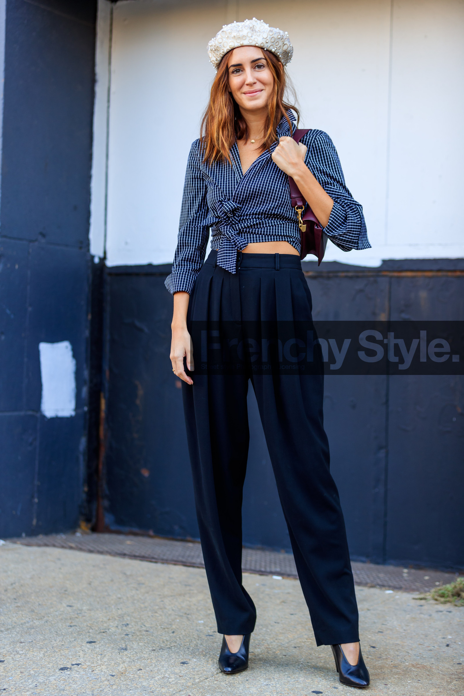 beret, black pants, black shoes, blue shirt, bordeaux, burgundy, checked shirt, fashion week, frenchystyle, full length, FW, gala gonzalez, graphic shirt, high heels, high waist, jonathan paciullo, jw anderson, leather bag, leather shoes, NEW YORK, NYFW, printed shirt, red bag, SPRING SUMMER 2018, SS 18, street style, striped shirt, trousers, vertical, white hat