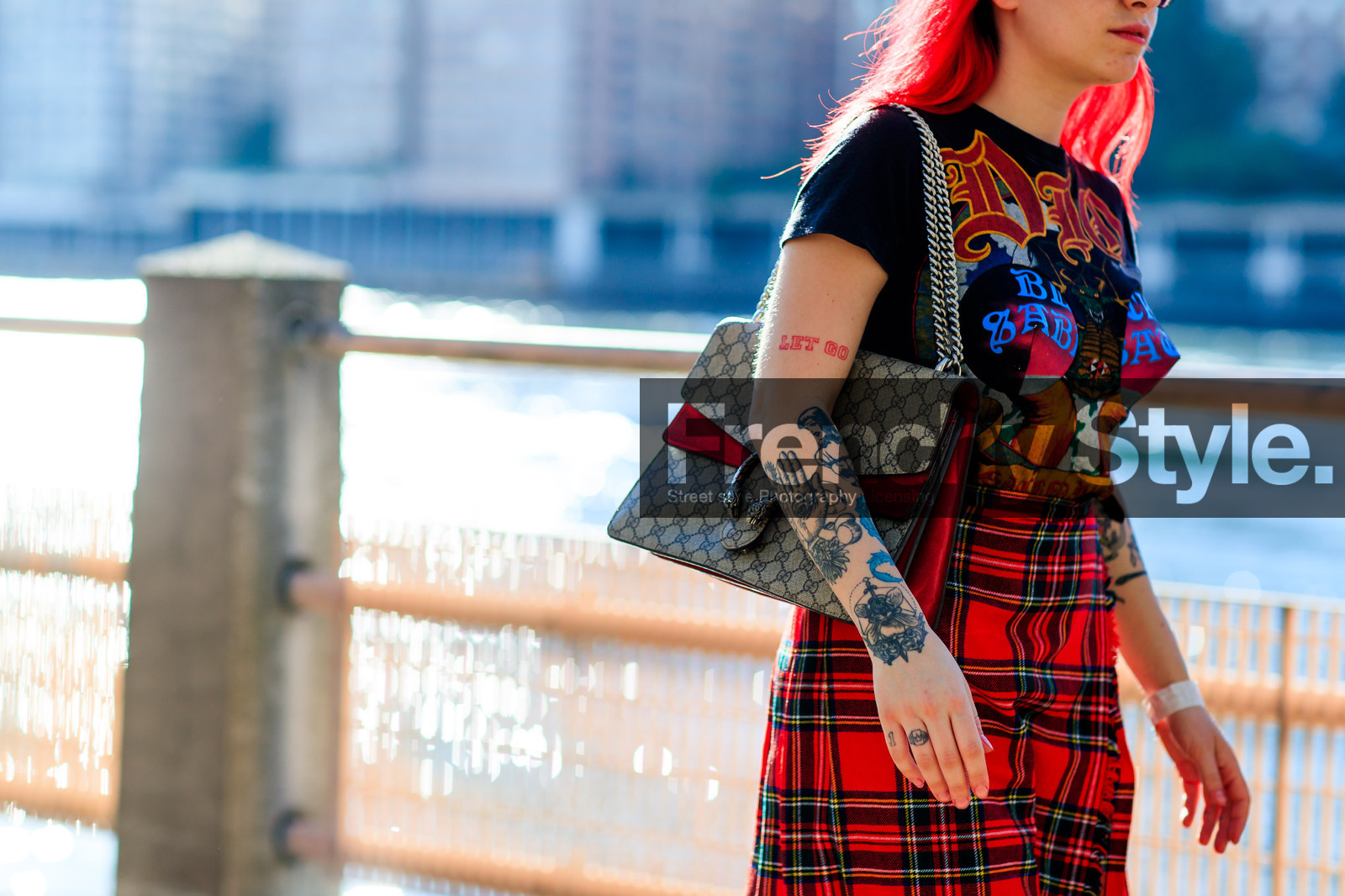 atmosphere details, black t shirt, checked skirt, detail, dyed hair, fashion week, frenchystyle, FW, gucci, horizontal, jonathan paciullo, monogram, NEW YORK, NYFW, plaid, printed bag, printed t shirt, red skirt, SPRING SUMMER 2017, SS 17, street style, tartan, tattoos, woman