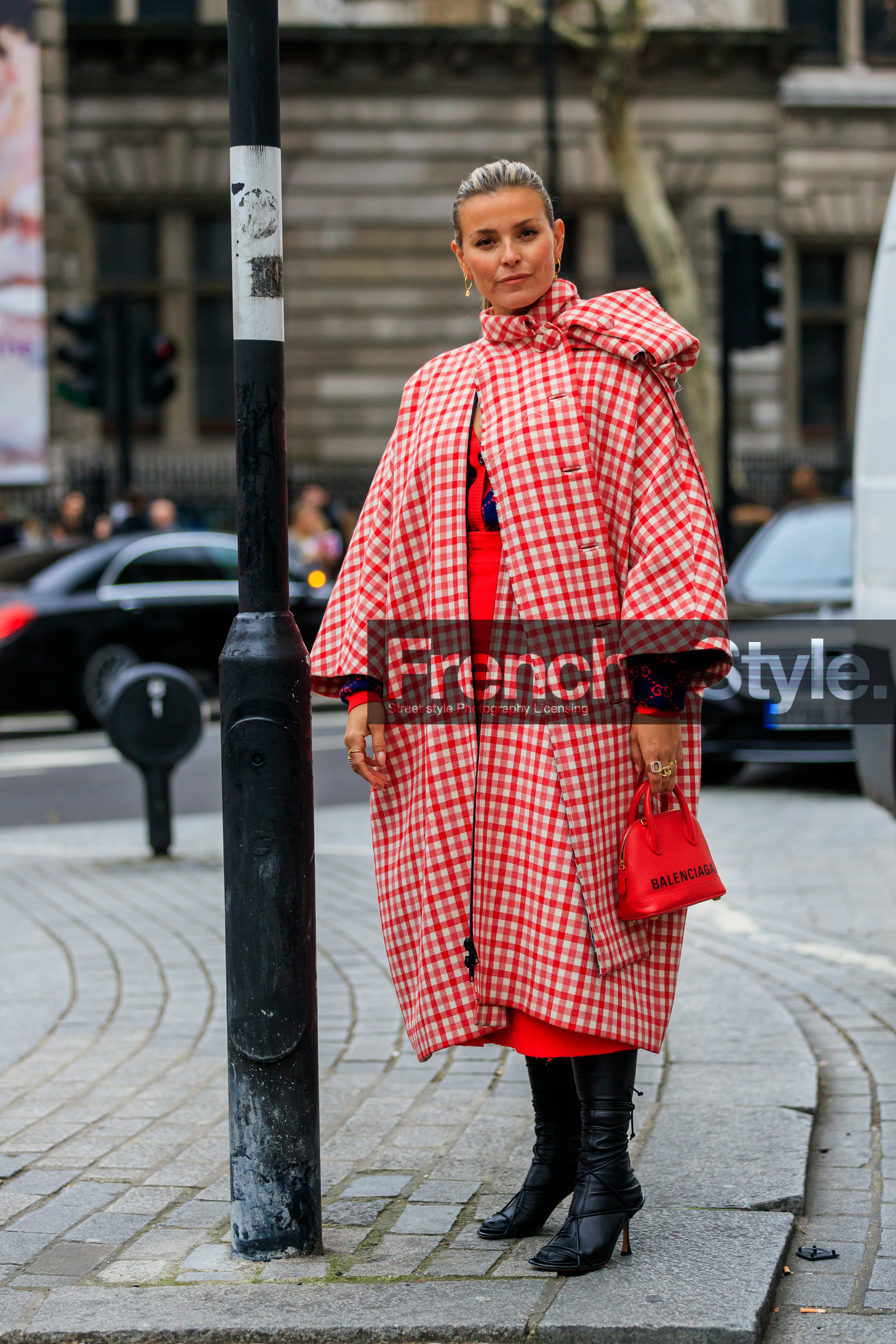 balenciaga, black shoes, checked, gingham, graphic bag, graphic jacket, high boots, high heels, leather bag, leather shoes, plaid, printed bag, printed jacket, red bag, red coat, red scarf, LONDON, LFW, fashion week, frenchystyle, FW, jonathan paciullo, street style, AUTUMN WINTER 2019-2020, AW 19-20, FW 19-20, FALL WINTER 2019-2020, vertical, full length