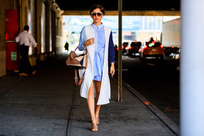 atmosphere details, beige bag, beige shoes, blue dress, blue shirt, checked dress, embroidered shoes, fashion week, frenchystyle, full length, FW, geometric, graphic bag, gucci, high heels, horizontal, jonathan paciullo, leather bag, loewe, NEW YORK, NYFW, patchwork, plaid, shirt dress, sleeveless, SPRING SUMMER 2017, SS 17, street style, striped dress, stripes, sunglasses, tied up shirt, white jacket, woman