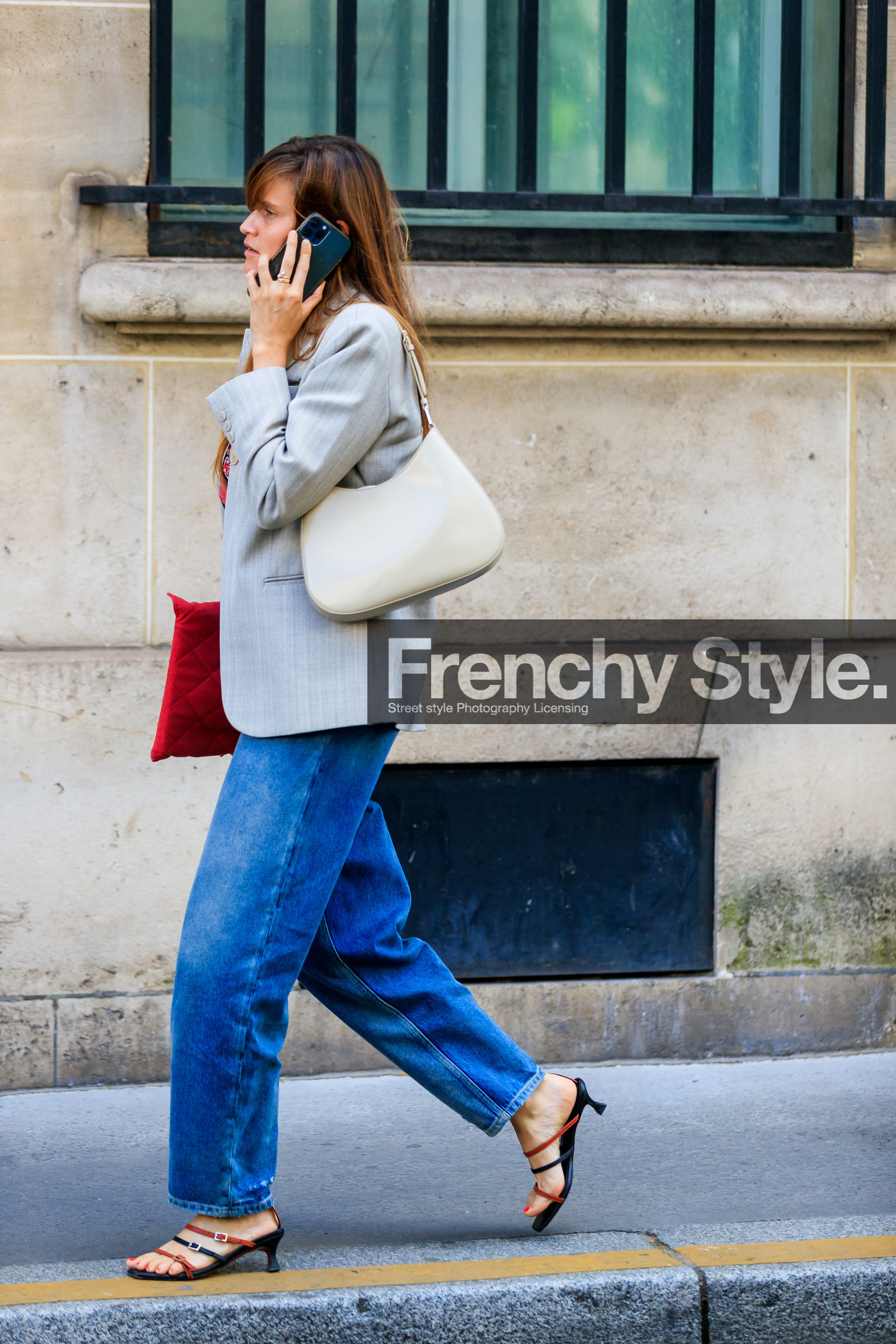 grey jacket, light grey jacket, white leather bag, shoulder bag, prada bag, denim, blue jeans, loose jeans, kitten heels sandals, multi straps sandals, black leather sandals, brown leather sandals, eugenie trochu, fashion week, frenchystyle, FW, jonathan paciullo, street style, PFW, PARIS, AUTUMN WINTER 2021-2022, FALL WINTER 2021-2022, FW 21-22, vertical, full length