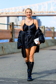 back detail, black boots, black dress, black jacket, black shoes, caroline vreeland, fashion week, frenchystyle, full length, FW, harness, high boots, jimmy choo, jonathan paciullo, NEW YORK, NYFW, off the shoulder, ranger boots, see through, SPRING SUMMER 2017, SS 17, street style, sunglasses, transparent, vertical, white bag, white clutch, woman