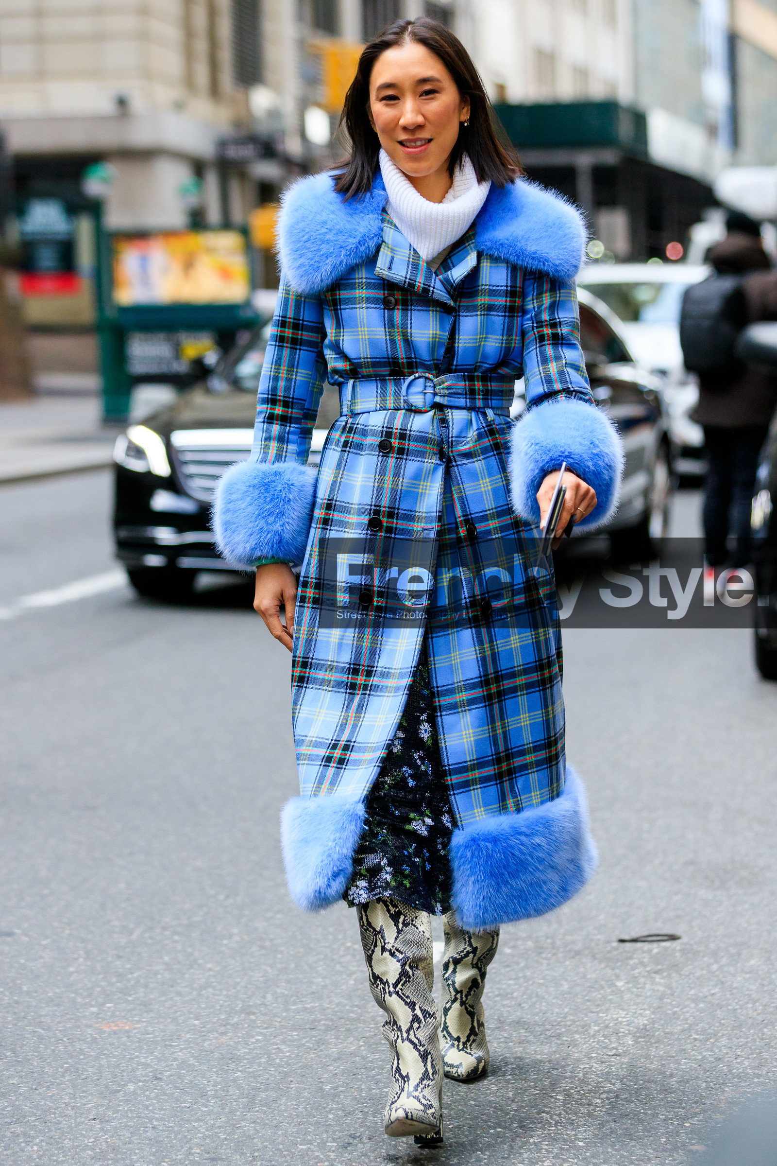 eva chen, light blue coat, checked coat, plaid coat, fur coat, fur collar coat, belted coat, white pullover, turtleneck pullover, long skirt, sequins skirt, black skirt, floral printed skirt, animal skin boots, high boots, light beige leather boots, fashion week, frenchystyle, FW, jonathan paciullo, street style, NYFW, NEW YORK, AUTUMN WINTER 2020-2021, FALL WINTER 2020-2021, FW 20-21, vertical, full length
