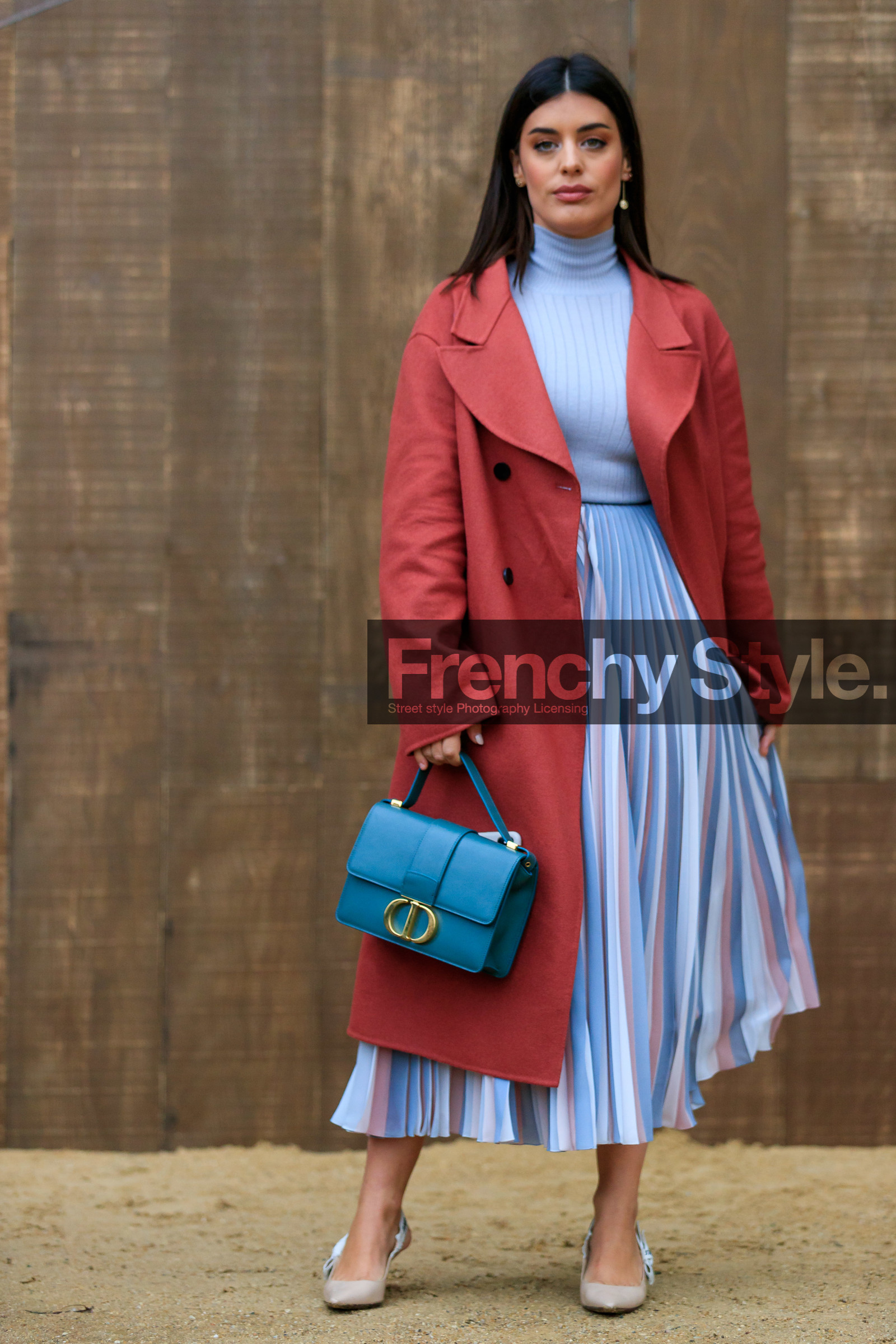 red coat, light blue skirt, light blue top, turtleneck top, long skirt, long coat, pleated skirt, dior bag, hand bag, green leather bag, dior shoes, nude shoes, sling back shoes, logo strap shoes, 30 montaigne bag, fashion week, frenchystyle, FW, jonathan paciullo, street style, SPRING SUMMER 2020, SS 20, PFW, PARIS, vertical, full length