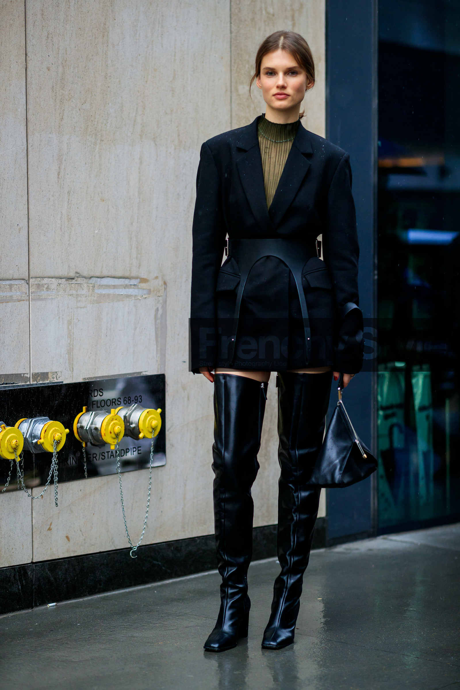model, giedre dukauskaite, Giedrė Dukauskaitė, black jacket, black leather bag, black leather belt, black leather boots, big belt, high boots, geometric shape bag, hand bag, kaki top, sheer top, turtleneck top, belted jacket, corset belt, fashion week, frenchystyle, FW, jonathan paciullo, street style, NYFW, NEW YORK, AUTUMN WINTER 2020-2021, FALL WINTER 2020-2021, FW 20-21, vertical, full length