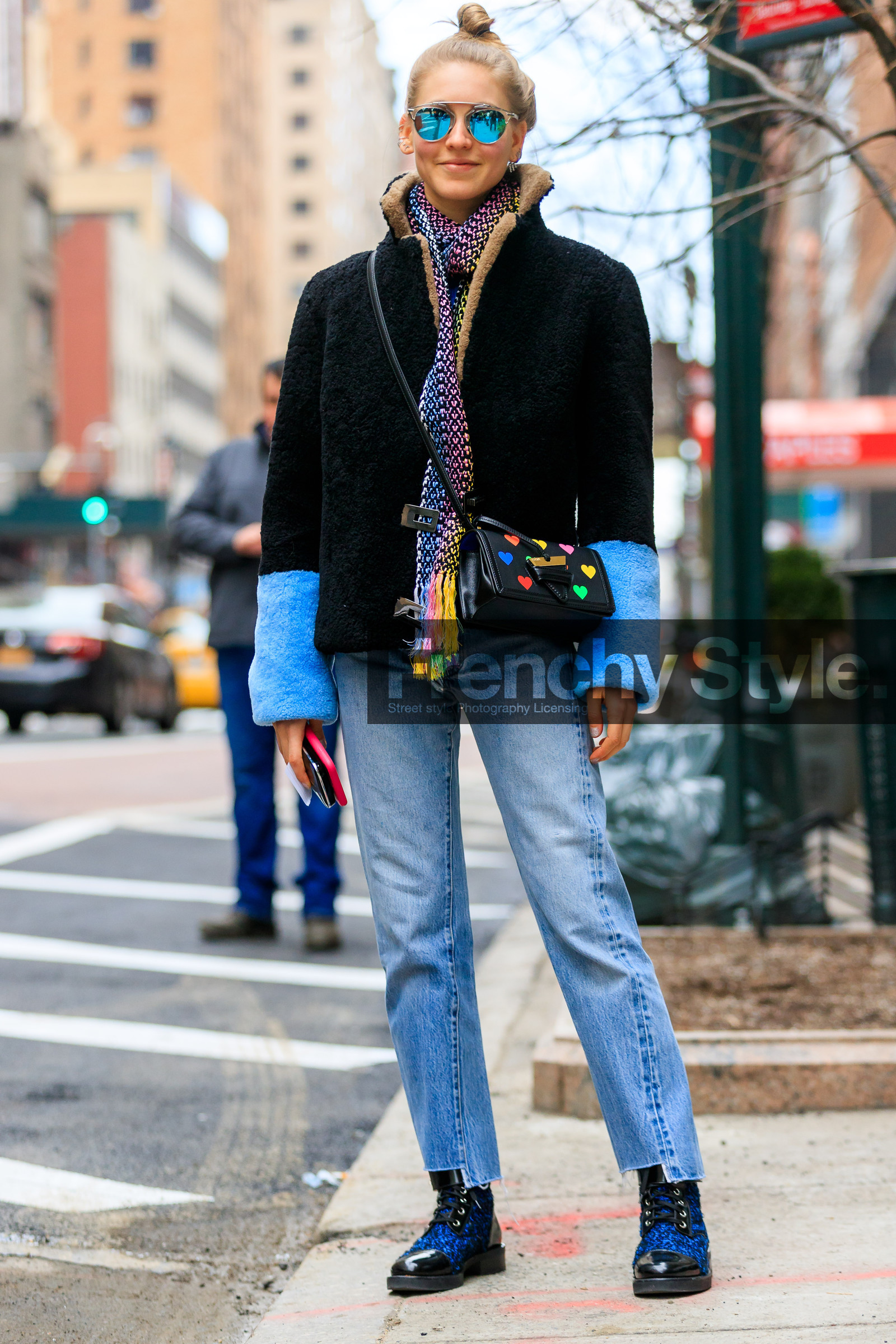 black bag, black fur, black jacket, black shoes, blue denim, blue fur, bun, denim pants, graphic bag, jeans, leather bag, leather shoes, multicolor bag, printed bag, rainbow, shearling, sunglasses, trousers, street style, jonathan paciullo, FW, frenchystyle, fashion week, NYFW, NEW YORK, AUTUMN WINTER 2018-2019, AW 18-19, FALL WINTER 2018-2019, FW 18-19, vertical, full length, jessica minkoff