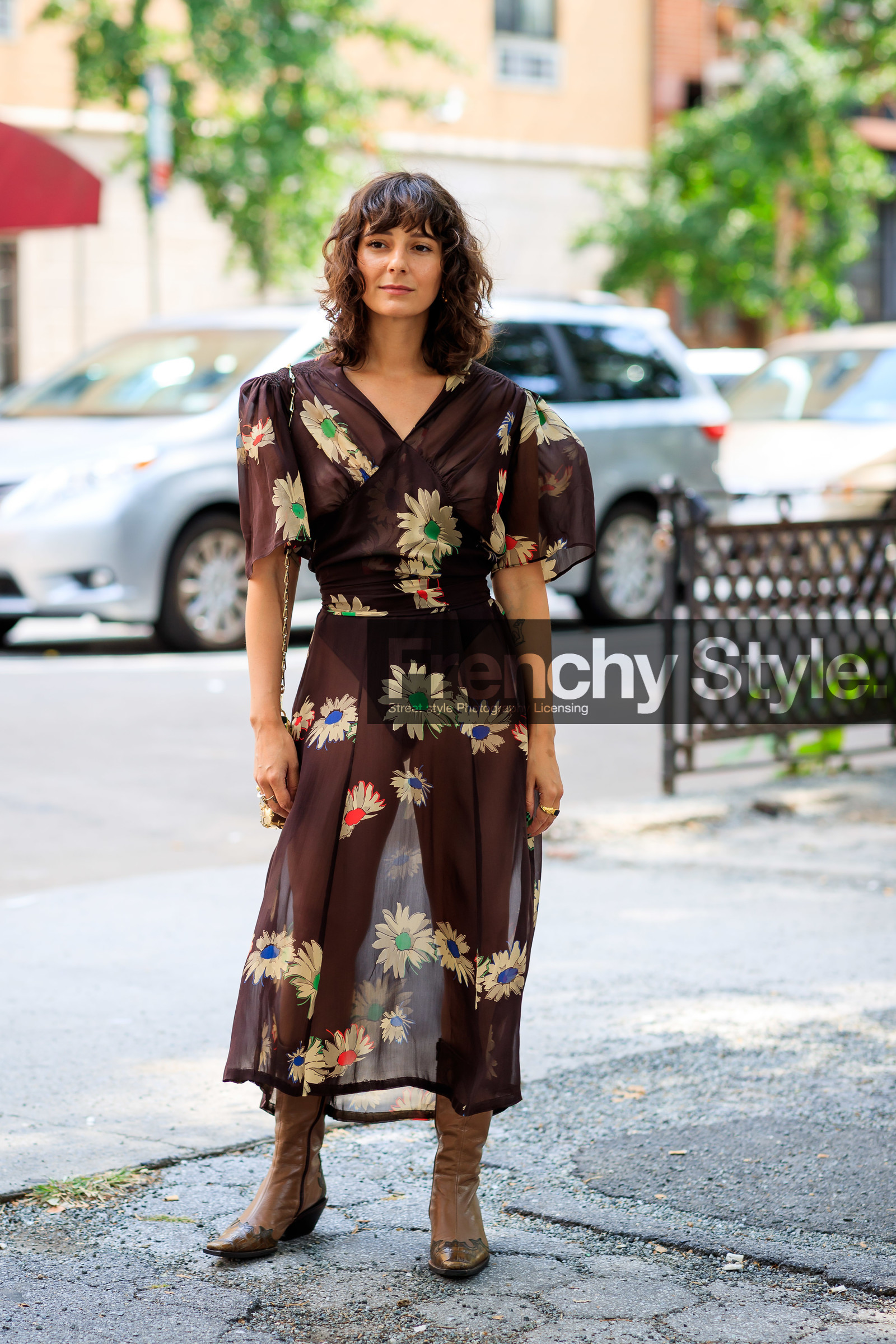 alyssa coscarelli, brown boots, brown dress, cowboy boots, floral, flowers, gold bag, graphic dress, leather shoes, printed dress, shiny bag, street style, jonathan paciullo, FW, frenchystyle, fashion week, NEW YORK, NYFW, SPRING SUMMER 2020, SS 20, vertical, full length