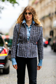 chanel total look, chanel shirt, chanel jacket, chanel necklace, denim, denim shirt, blue shirt, silk shirt, sequins jacket, embroidered jacket, tweed jacket, aviator sunglasses, blue sunglasses, golden frame sunglasses, pearl necklace, heart shape necklace, zipped jacket, multicolor jacket, veronika heilbrunner, fashion week, frenchystyle, FW, jonathan paciullo, street style, PFW, PARIS, AUTUMN WINTER 2021-2022, FALL WINTER 2021-2022, FW 21-22, vertical, atmosphere details, detail