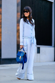 blue bag, blue jumpsuit, chloe, choker, fashion week, frenchystyle, full length, FW, golden details, jonathan paciullo, leather bag, maria j. bernardes maia, NEW YORK, NYFW, pajamas, satin, SPRING SUMMER 2017, SS 17, street style, sunglasses, vertical, wide pants, woman
