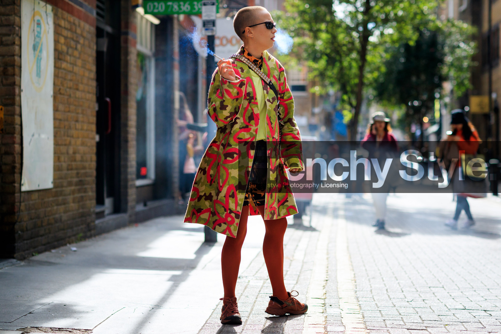 black skirt, floral, flowers, graphic jacket, green jacket, leather shoes, printed jacket, red sneakers, shaved head, sunglasses, tights, fashion week, frenchystyle, FW, jonathan paciullo, street style, LFW, LONDON, SPRING SUMMER 2019, SS 19, atmosphere details, horizontal, full length
