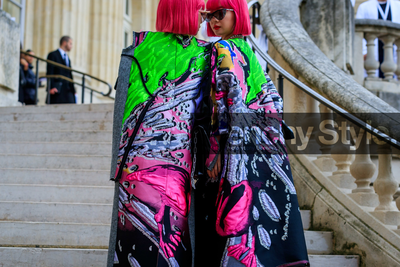 Ami and Aya Suzuki, margiela sunglasses, margiela dress, back details, pink dress, neon green dress, black dress, light grey dress, oversize dress, long dress, asymmetrical dress, embroidered dress, patchwork dress, margiela look, fashion week, frenchystyle, FW, jonathan paciullo, street style, SPRING SUMMER 2020, SS 20, PFW, PARIS, horizontal, atmosphere details, detail