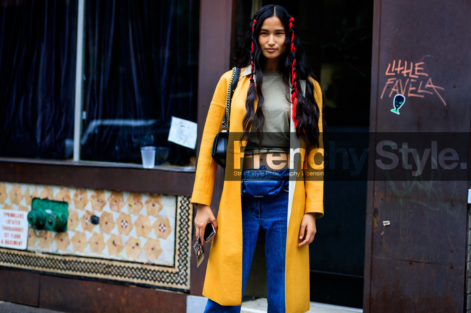 beige top, black bag, blue bag, blue denim, braids, crop top, denim pants, fanny pack, jeans, leather bag, model, patagonia, trousers, varsha thapa, yellow coat, street style, jonathan paciullo, FW, frenchystyle, fashion week, NYFW, NEW YORK, SPRING SUMMER 2019, SS 19, atmosphere details, horizontal, detail