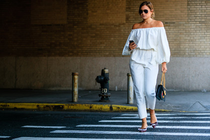 atmosphere details, black bag, carola bernard, choker, danielle bernstein, fashion week, frenchystyle, full length, FW, horizontal, iphone, jonathan paciullo, leather bag, leather shoes, NEW YORK, NYFW, off the shoulder, printed bag, red shoes, SPRING SUMMER 2017, SS 17, street style, sunglasses, white jumpsuit, woman