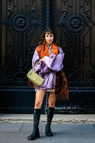 gucci scarf, logo scarf, orange scarf, purple jacket, metallic jacket, bomber jacket, green handbag, sparkling bag, black boots, fashion week, frenchystyle, FW, jonathan paciullo, street style, PFW, PARIS, menswear, AUTUMN WINTER 2022-2023, FALL WINTER 2022-2023, FW 22-23, full length, vertical