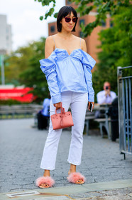 blue shirt, bustier top, denim pants, fashion week, frenchystyle, full length, fur shoes, FW, jeans, jonathan paciullo, leather bag, NEW YORK, NYFW, off the shoulder, pink bag, pink shoes, pink slippers, SPRING SUMMER 2017, SS 17, street style, striped shirt, sunglasses, Tiffany Hsu, trousers, vertical, white denim, woman