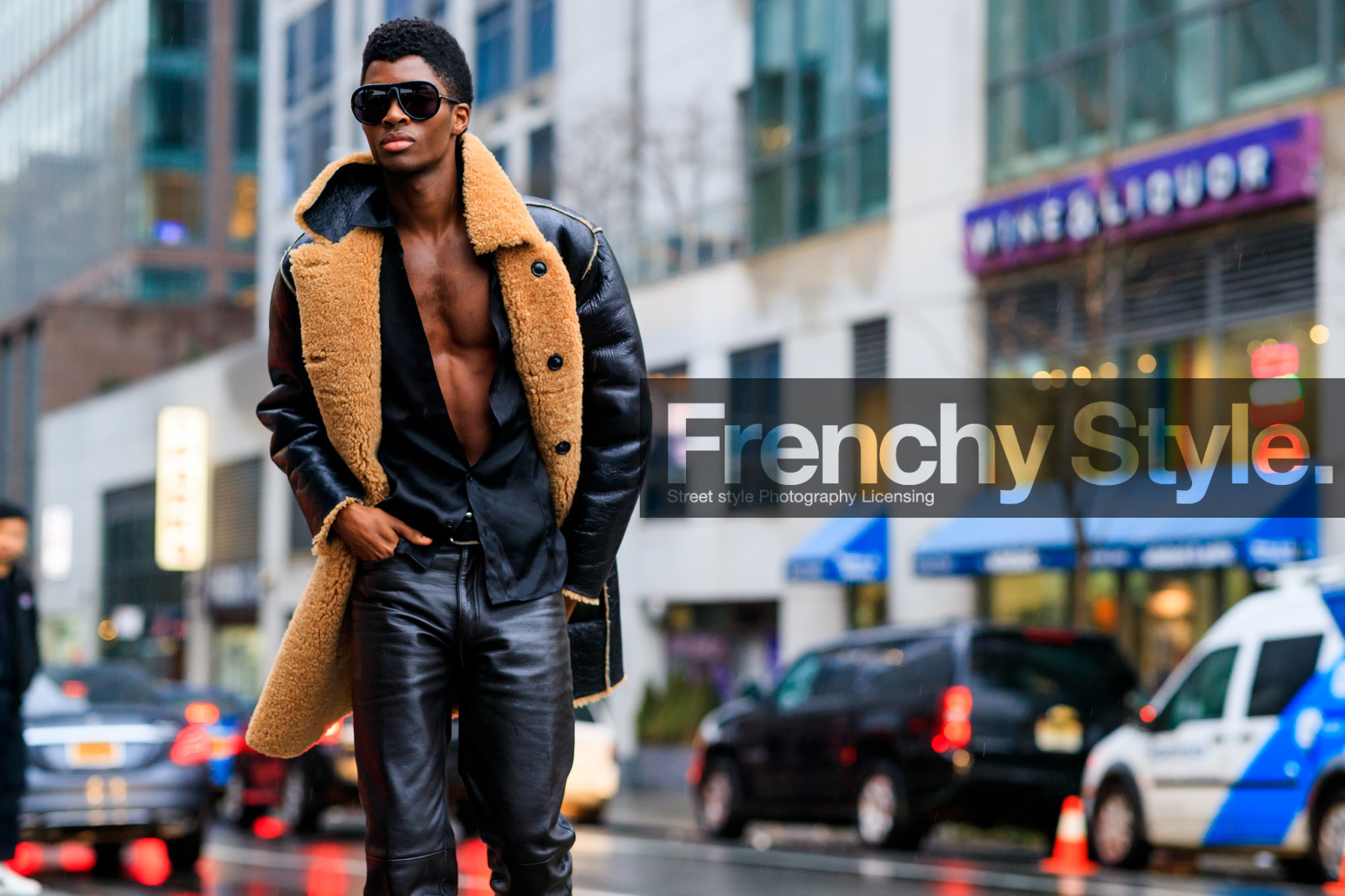 model, alton mason, black leather coat, black leather pants, black shirt, black leather sunglasses, fur coat, camel coat, satin shirt, fashion week, frenchystyle, FW, jonathan paciullo, street style, NYFW, NEW YORK, AUTUMN WINTER 2020-2021, FALL WINTER 2020-2021, FW 20-21, horizontal, atmosphere details, detail