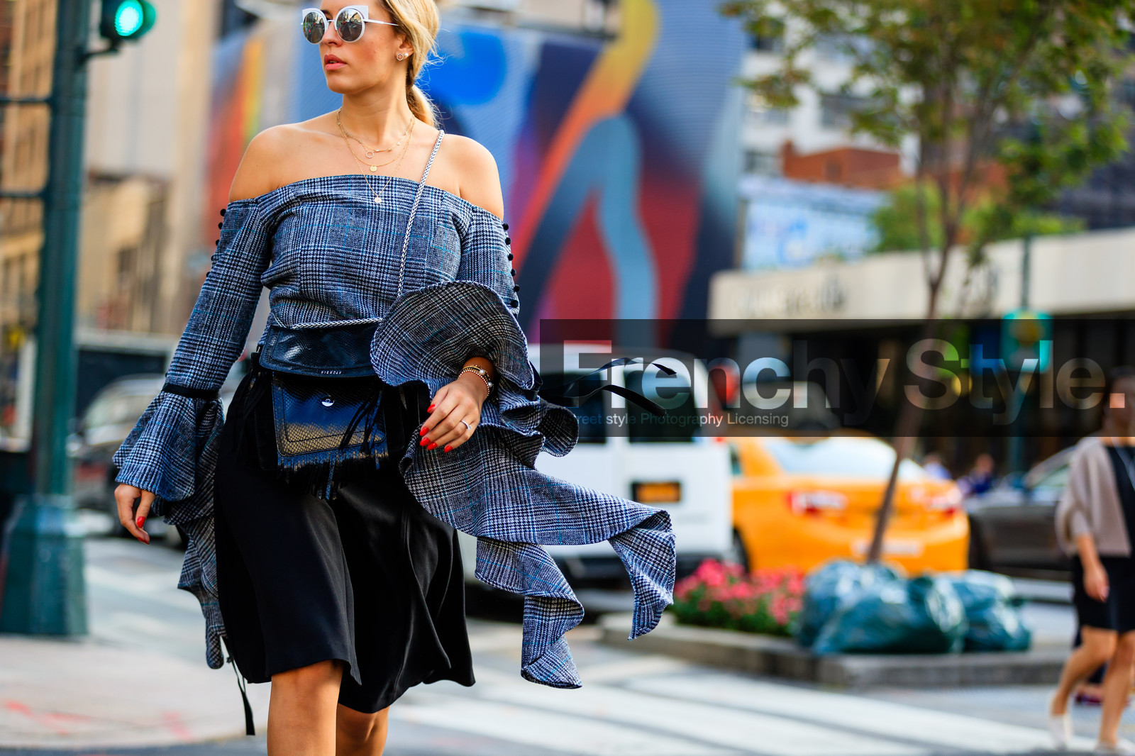 atmosphere details, black bag, black skirt, bustier top, checked dress, checked top, claudie pierlot, detail, fashion week, frenchystyle, FW, graphic dress, graphic top, grey dress, grey top, horizontal, jonathan paciullo, layers, leather bag, NEW YORK, NYFW, off the shoulder, plaid, SPRING SUMMER 2017, SS 17, street style, sunglasses, woman