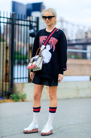black dress, black sweater, fashion week, frenchystyle, full length, FW, geometric, graphic bag, graphic shoes, gucci, high socks, jonathan paciullo, leather bag, leather shoes, NEW YORK, NYFW, oversize, printed shoes, printed sweater, SPRING SUMMER 2017, SS 17, street style, striped bag, sunglasses, vertical, wedges, white bag, white shoes, white socks, woman