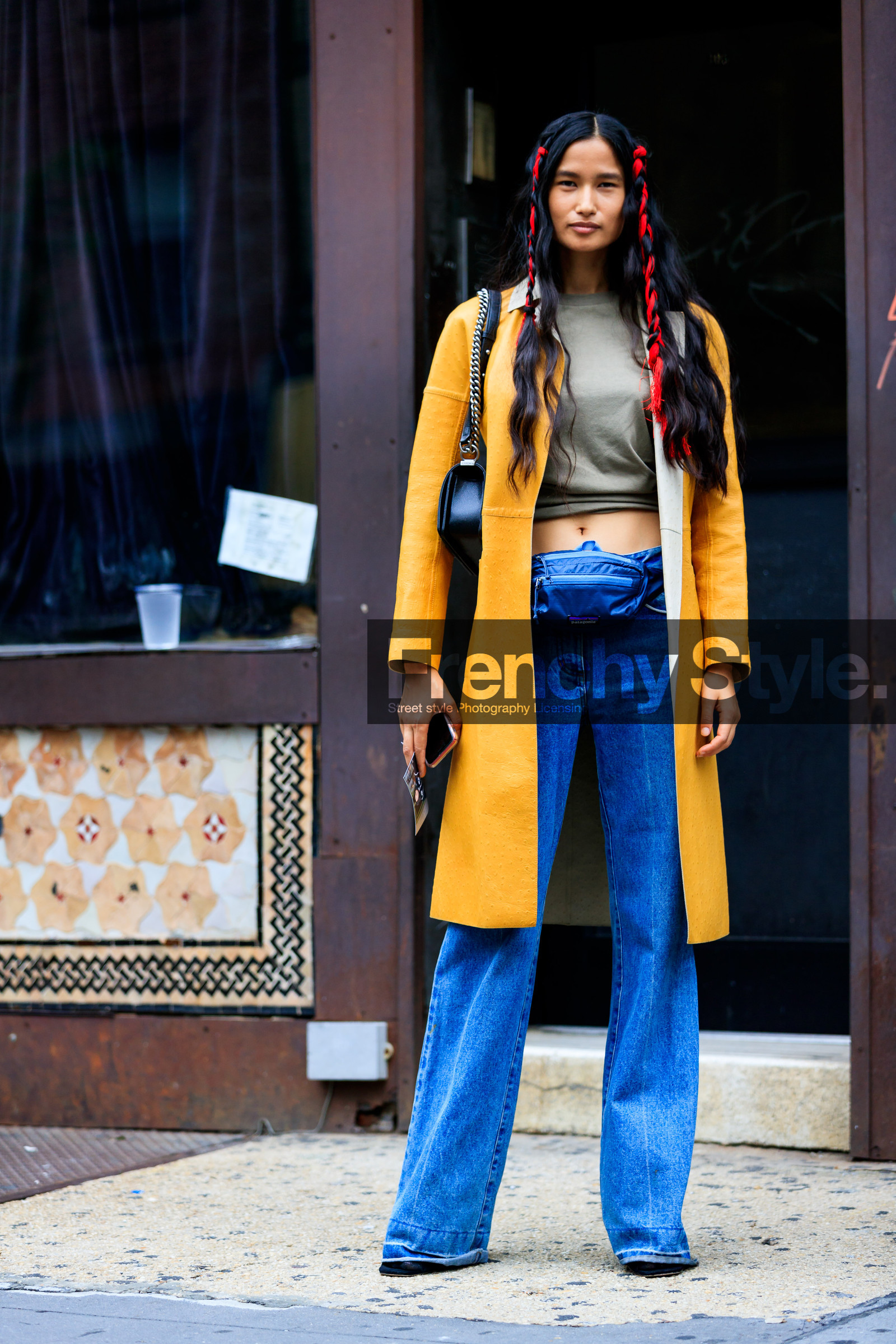 beige top, black bag, blue bag, blue denim, braids, crop top, denim pants, fanny pack, jeans, leather bag, model, patagonia, trousers, varsha thapa, yellow coat, street style, jonathan paciullo, FW, frenchystyle, fashion week, NYFW, NEW YORK, SPRING SUMMER 2019, SS 19, vertical, full length