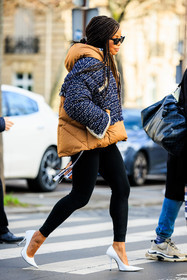 braided hair, long braids, black sunglasses, puffed jacket, dual toned jacket, tweed jacket, black leggings, white stilettos, heels, fashion week, frenchystyle, FW, jonathan paciullo, street style, PFW, PARIS, menswear, AUTUMN WINTER 2022-2023, FALL WINTER 2022-2023, FW 22-23, full length, vertical