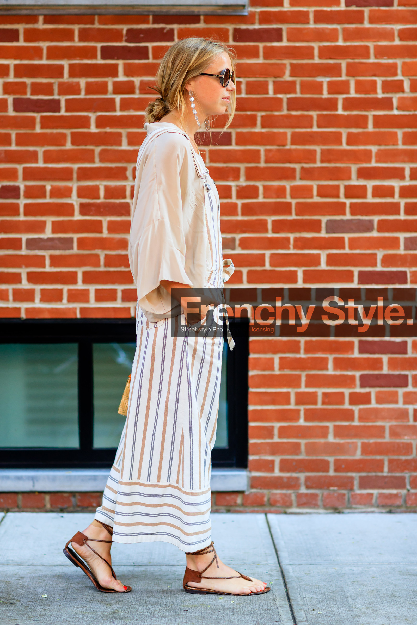 beige shirt, brown sandals, denim overall, fashion week, frenchystyle, full length, FW, jonathan paciullo, leather shoes, NEW YORK, NYFW, SPRING SUMMER 2017, SS 17, street style, striped overall, sunglasses, vertical, white overall, woman