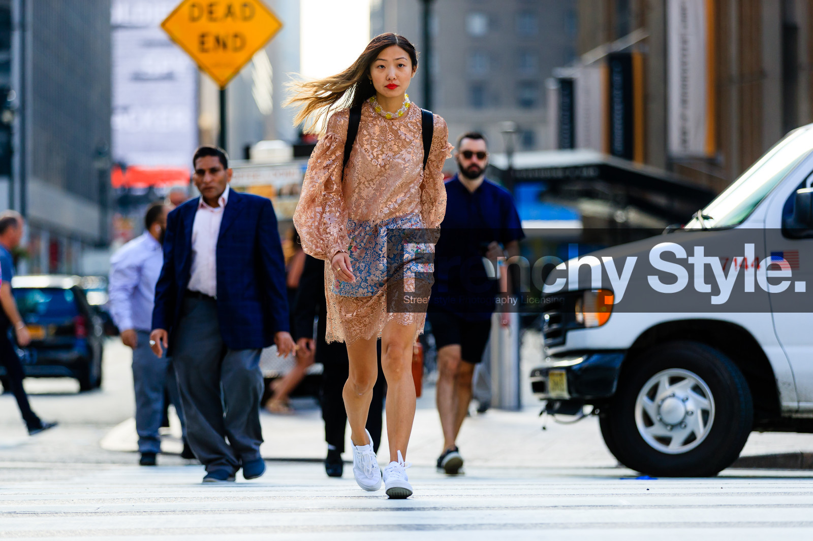 atmosphere details, blue shorts, fashion week, frenchystyle, full length, FW, horizontal, jonathan paciullo, lace dress, leather sneakers, necklace, NEW YORK, nude dress, NYFW, pink dress, red lips, see through, SPRING SUMMER 2017, SS 17, street style, transparent, white sneakers, woman