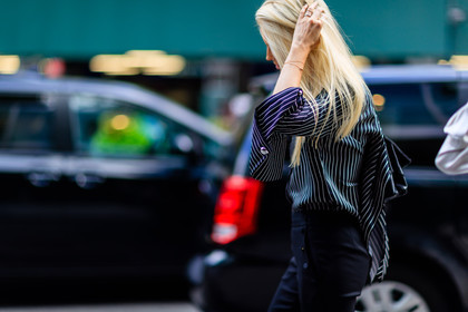 atmosphere details, black pants, black shirt, choker, detail, fashion week, frenchystyle, FW, geometric, graphic shirt, horizontal, jonathan paciullo, kate davidson hudson, NEW YORK, NYFW, SPRING SUMMER 2017, SS 17, street style, striped shirt, stripes, trousers, woman