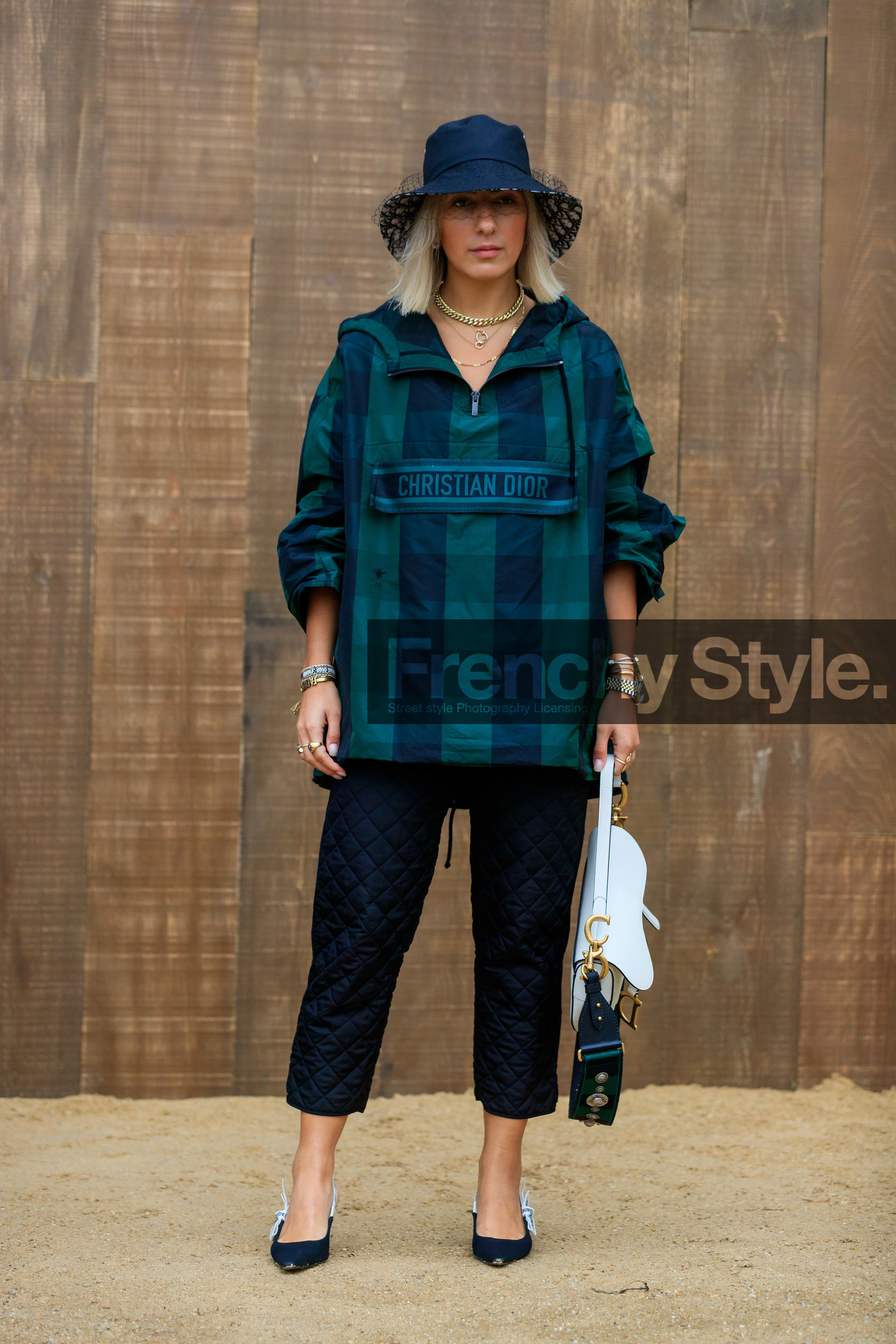 black hat, tulle hat, dior hat, black jacket, green jacket, checked jacket, hoodie, dior jacket, dior bag, dior total look, dior bracelet, dior shoes, dior pants, dior saddle bag, black pants, cropped pants, quilted pants, black shoes, sling back shoes, white leather bag, multi earrings, multi necklace, multi rings, big chain necklace, golden earrings, golden necklace, golden rings, logo strap shoes, fashion week, frenchystyle, FW, jonathan paciullo, street style, SPRING SUMMER 2020, SS 20, PFW, PARIS, vertical, full length