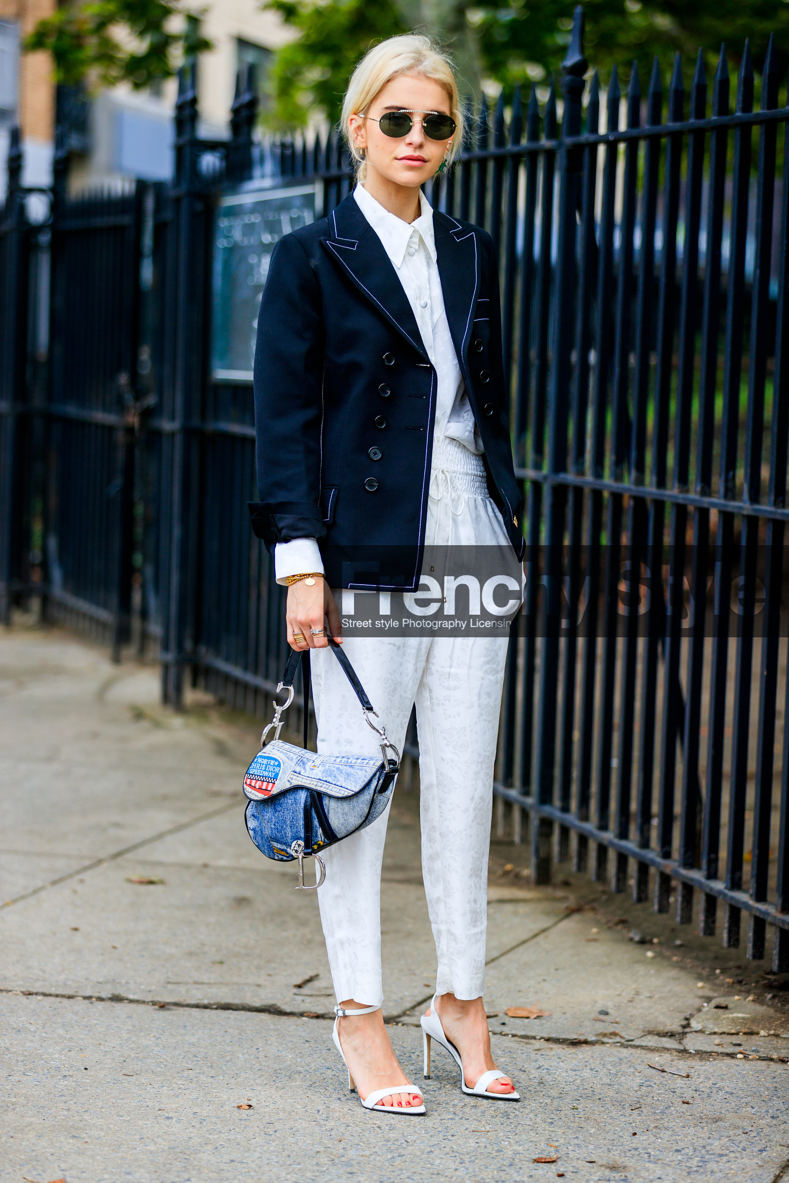 black jacket, blazer, blue bag, blue denim, caro daur, christian dior, denim bag, graphic bag, high heels, leather bag, leather shoes, printed bag, saddle bag, trousers, white pants, white shirt, white shoes, street style, jonathan paciullo, FW, frenchystyle, fashion week, NYFW, NEW YORK, SPRING SUMMER 2019, SS 19, vertical, full length