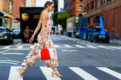 atmosphere details, fashion week, fishnet, floral, flower, frenchystyle, full length, FW, golden heel, golden sandals, golden shoes, horizontal, jonathan paciullo, leather shoes, natalie cantell, NEW YORK, NYFW, printed jumpsuit, red bag, shiny heels, shiny shoes, SPRING SUMMER 2017, SS 17, street style, sunglasses, woman