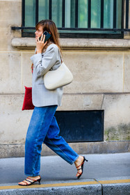 grey jacket, light grey jacket, white leather bag, shoulder bag, prada bag, denim, blue jeans, loose jeans, kitten heels sandals, multi straps sandals, black leather sandals, brown leather sandals, eugenie trochu, fashion week, frenchystyle, FW, jonathan paciullo, street style, PFW, PARIS, AUTUMN WINTER 2021-2022, FALL WINTER 2021-2022, FW 21-22, vertical, full length