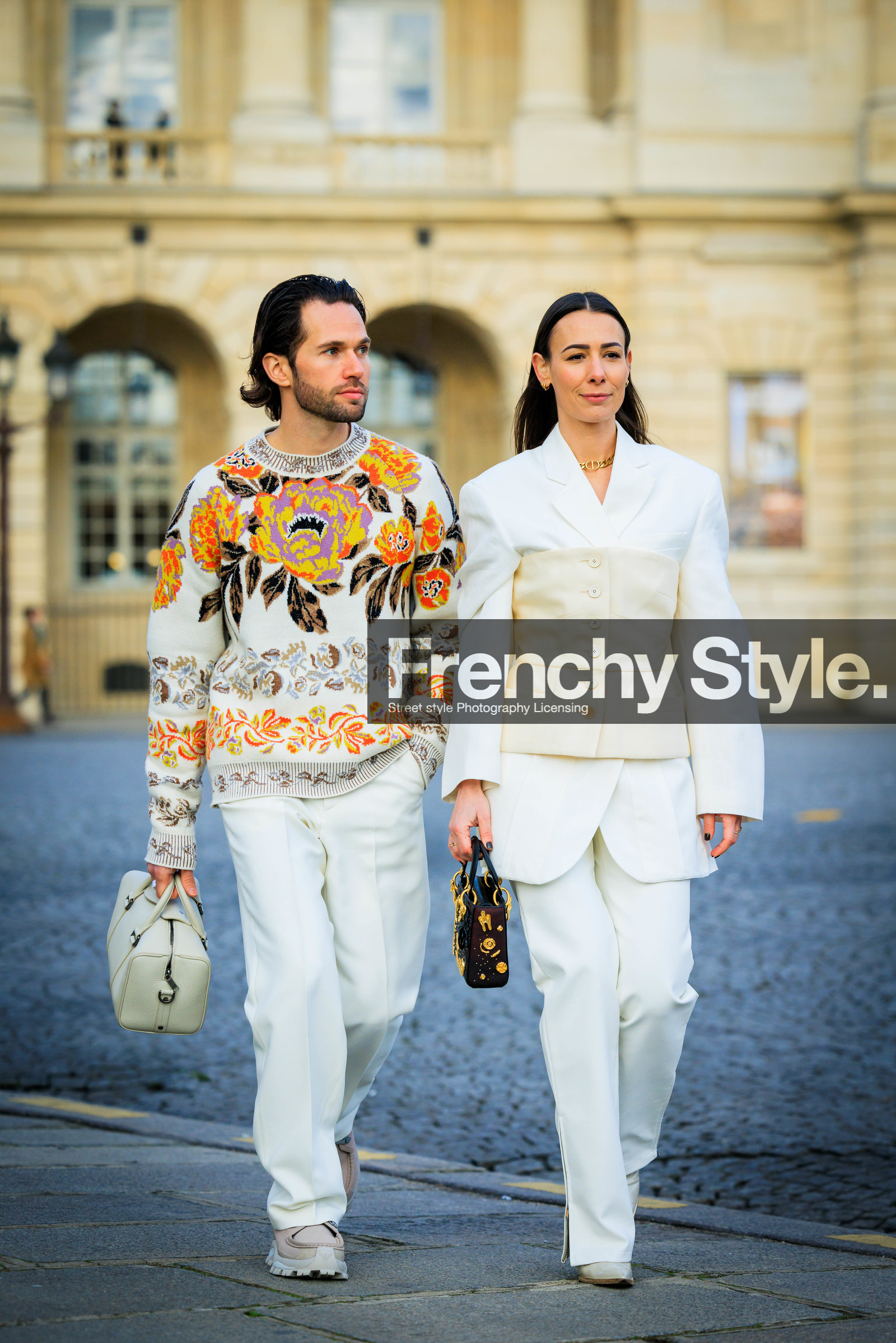 full white look, nude corset, white blazer, white pants, straight cut pants, white boots, buttoned corset, golden choker, black handbag, embroidered bag, floral jumper, knitwear, multicolor jumper, white jumper, white trousers, chunky shoes, grey shoes, white bag, menswear, fashion week, frenchystyle, FW, jonathan paciullo, street style, PFW, PARIS, FALL WINTER 2022-2023, AUTUMN WINTER 2022-2023, FW 22-23, full length, vertical