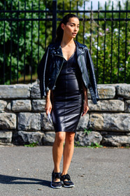 adidas, black dress, black jacket, black perfecto, black sneakers, fashion week, frenchystyle, full length, FW, jonathan paciullo, leather dress, leather jacket, leather perfecto, NEW YORK, NYFW, over the shoulder, SPRING SUMMER 2017, SS 17, street style, vertical, woman