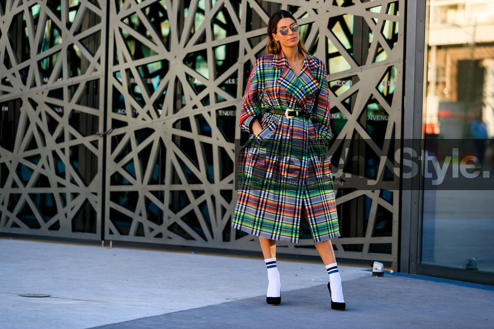 black belt, black shoes, checked, graphic jacket, grey coat, high heels, leather belt, leather shoes, plaid, printed jacket, tartan, white socks, PARIS, PFW, street style, jonathan paciullo, FW, frenchystyle, fashion week, AUTUMN WINTER 2019-2020, AW 19-20, FALL WINTER 2019-2020, FW 19-20, horizontal, atmosphere details, full length
