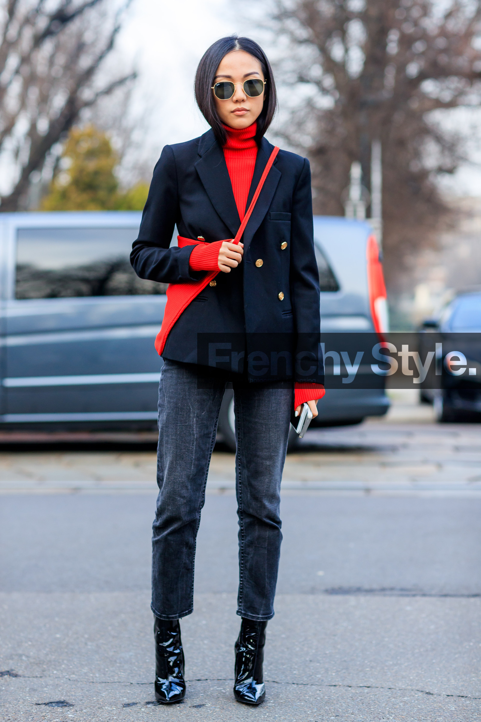 AUTUMN WINTER 2017-2018, AW 17-18, black boots, black denim, black jacket, black shoes, blazer, denim pants, FALL WINTER 2017-2018, fashion week, frenchystyle, full length, FW, FW 17-18, high heels, jeans, jonathan paciullo, leather shoes, MFW, MILAN, red bag, red sweater, street style, sunglasses, trousers, varnished leather shoes, vertical, yoyo cao