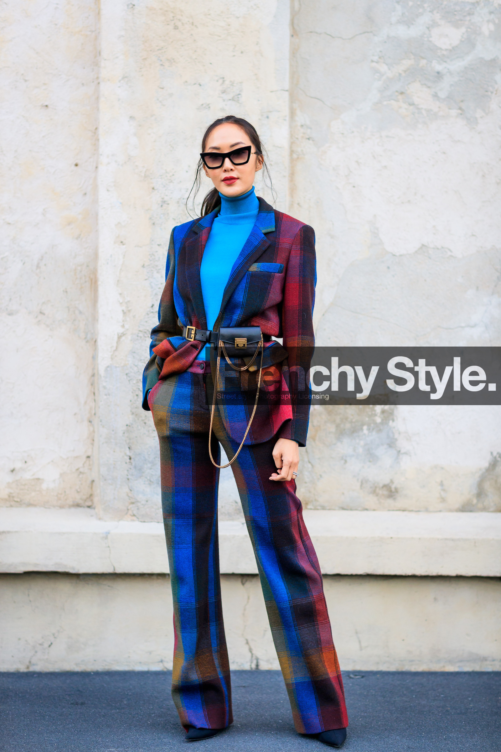 black bag, blue sweater, bordeaux, burgundy, chains, checked, fanny pack, givenchy, graphic jacket, graphic pants, leather bag, plaid, printed jacket, printed pants, red jacket, red pants, red suit, sunglasses, trousers, turtleneck sweater, fashion week, frenchystyle, FW, jonathan paciullo, street style, MFW, MILAN, AUTUMN WINTER 2018-2019, FALL WINTER 2018-2019, FW 18-19, vertical, full length, Chriselle Lim