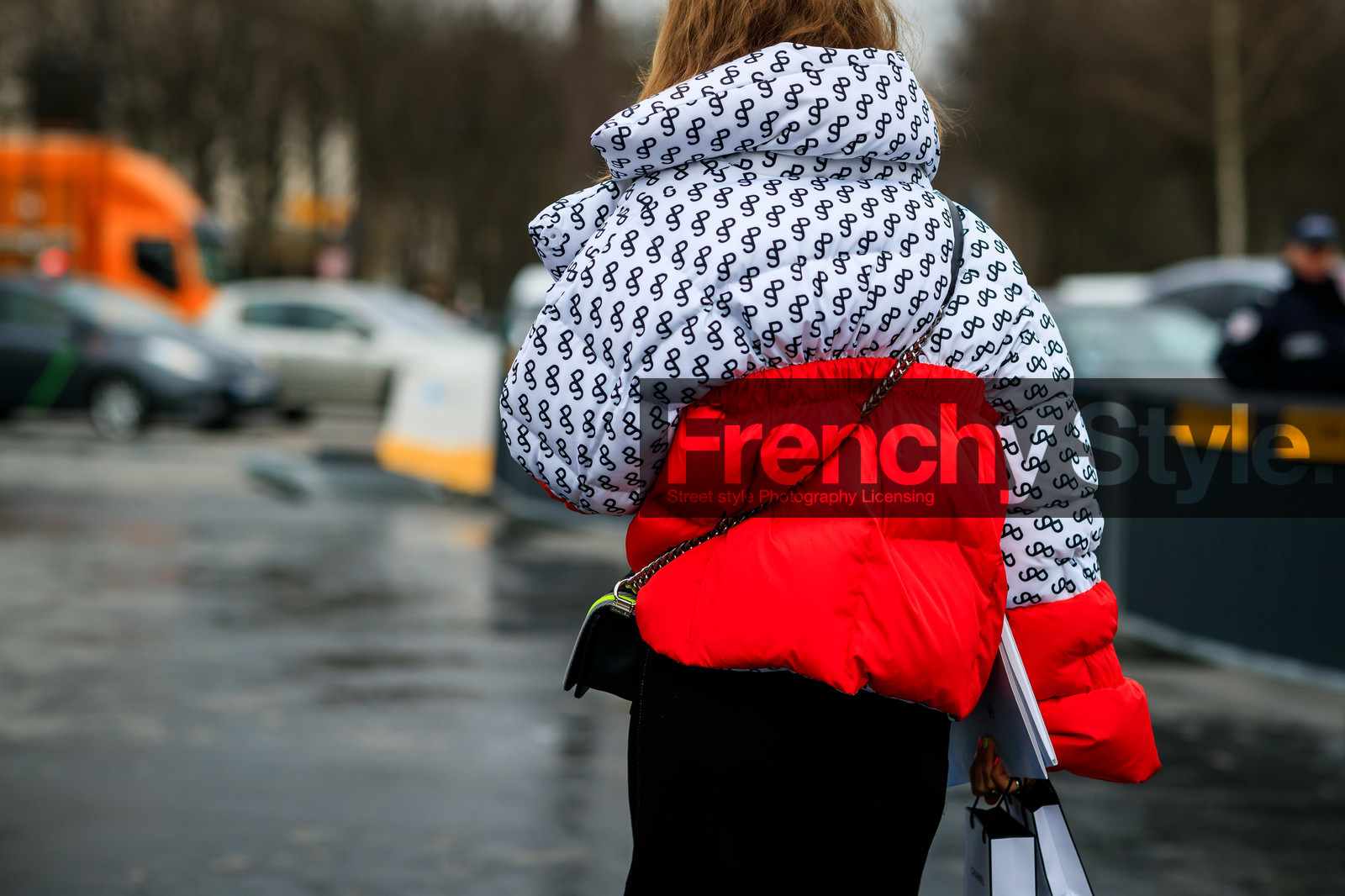 black and white, black denim, denim pants, down jacket, graphic jacket, jeans, marine serre, printed jacket, red jacket, trousers, PARIS, PFW, street style, jonathan paciullo, FW, frenchystyle, fashion week, AUTUMN WINTER 2019-2020, AW 19-20, FALL WINTER 2019-2020, FW 19-20, horizontal, atmosphere details, detail