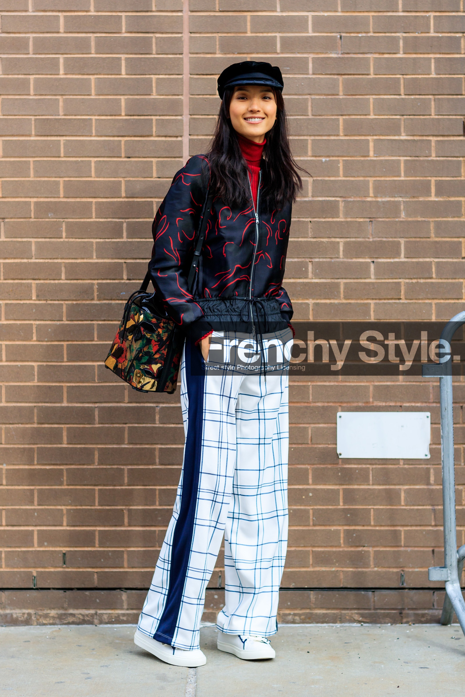 AUTUMN WINTER 2017-2018, AW 17-18, beret, black bag, black hat, black jacket, checked pants, FALL WINTER 2017-2018, fashion week, frenchystyle, full length, FW, FW 17-18, graphic pants, jonathan paciullo, leather bag, leather sneakers, model, NEW YORK, NYFW, plaid, printed bag, printed jacket, printed pants, red turtleneck, street style, trousers, vertical, white pants, white sneakers