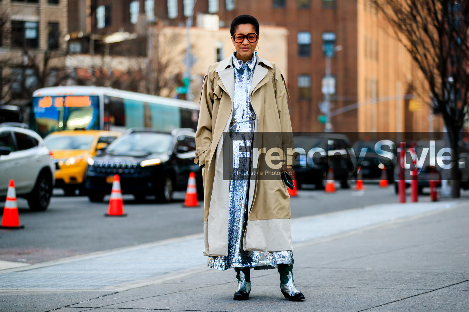 beige coat, cowboy boots, glitter, leather shoes, sequined dress, shiny dress, silver dress, silver shoes, sunglasses, tamu mcpherson, trench coat, street style, jonathan paciullo, frenchystyle, NYFW, NEW YORK, AUTUMN WINTER 2019-2020, AW 19-20, FALL WINTER 2019-2020, FW 19-20, fashion week, FW, atmosphere details, horizontal, full length