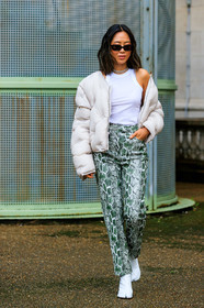 aimee song, white down jacket, quilted coat, white t-shirt, animal print pants, green pants, sleeveless t-shirt, sleeveless top, black sunglasses, margiela coat, margiela shoes, camel toe margiela boots, white leather boots, fashion week, frenchystyle, FW, jonathan paciullo, street style, SPRING SUMMER 2020, SS 20, PFW, PARIS, vertical, full length