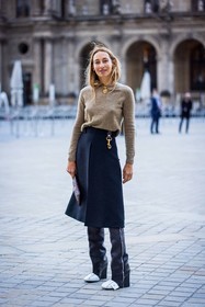 Alexandra Golovanoff, beige knitwear, bicolor shoes, black boots, black skirt, boots, gold necklace, high boots, knitwear, leather boots, louis vuitton look, midi skirt, necklace, skirt, fashion week, frenchystyle, FW, jonathan paciullo, street style, PFW, PARIS, SPRING SUMMER 2022, SS 22, vertical, full length