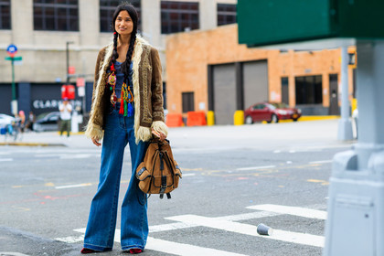atmosphere details, blue denim, blue tank top, braids, brown bag, brown jacket, denim pants, fashion week, frenchystyle, full length, fur collar, FW, hair jewels, horizontal, jeans, jonathan paciullo, leather backpack, leather bag, model, NEW YORK, NYFW, shearling, SPRING SUMMER 2018, SS 18, street style, trousers, varsha thapa